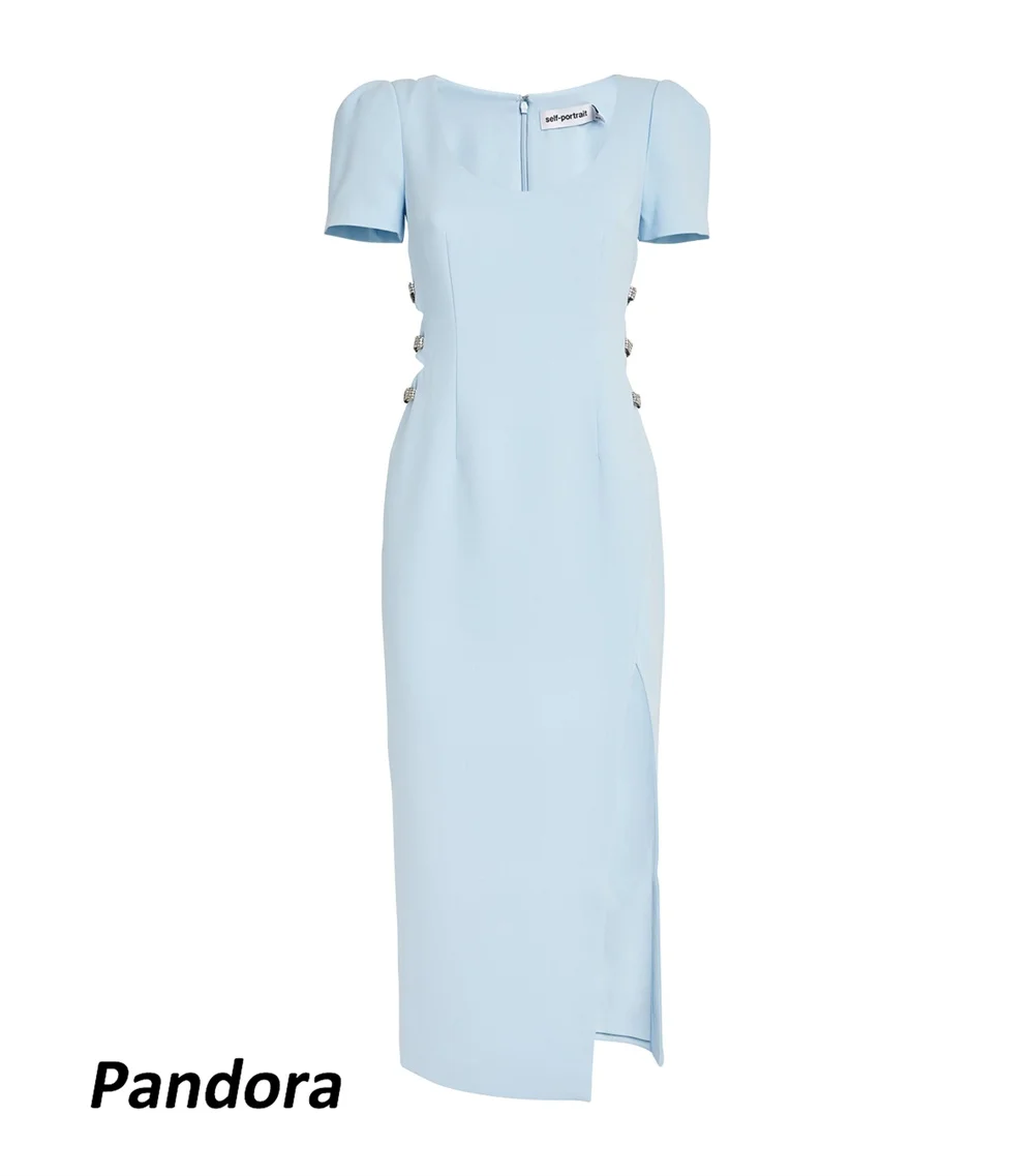 Pandora-vestido de noche largo con cuello redondo para mujer, vestido de sirena de manga corta con lazo de cristal, vestido de fiesta de banquete de boda, azul