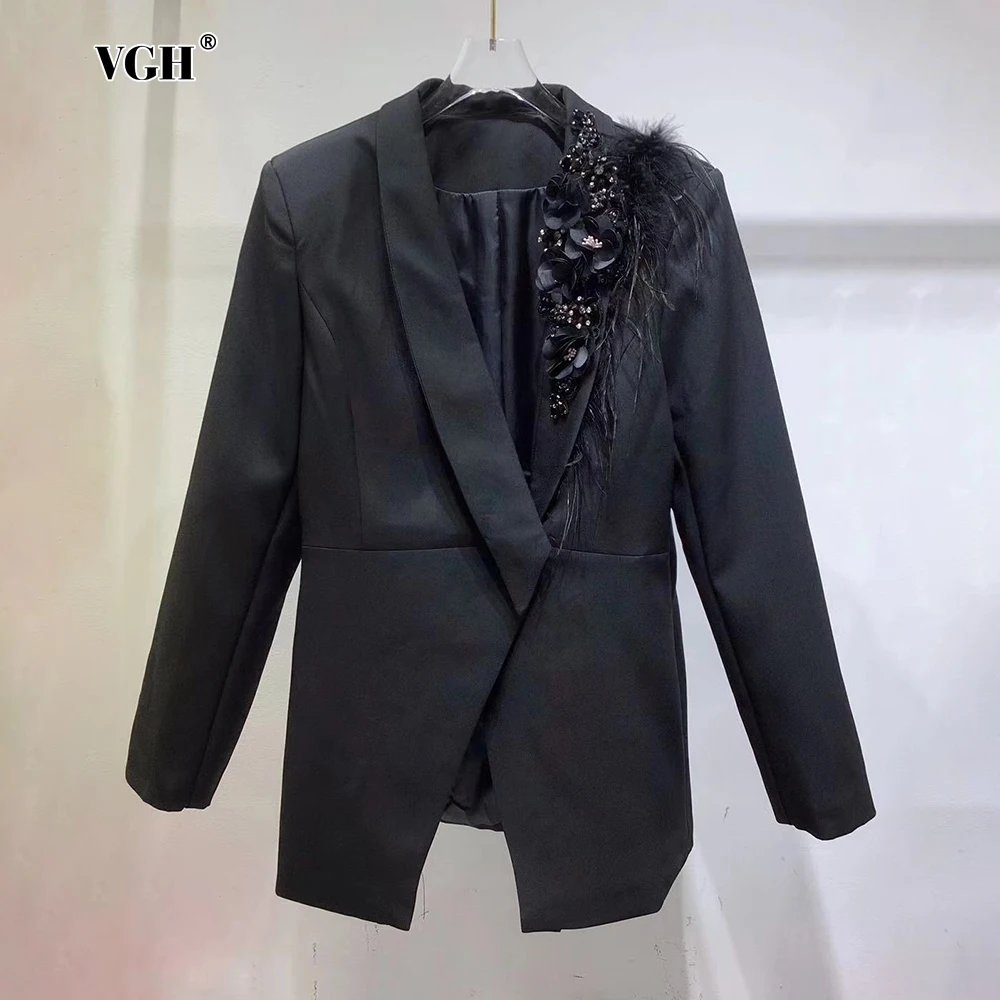 VGH Spliced Appliques Feather Blazer for Women Notched Collar Long Sleeve Loose Solid Cocktail Blazers Female Autumn New Clothes