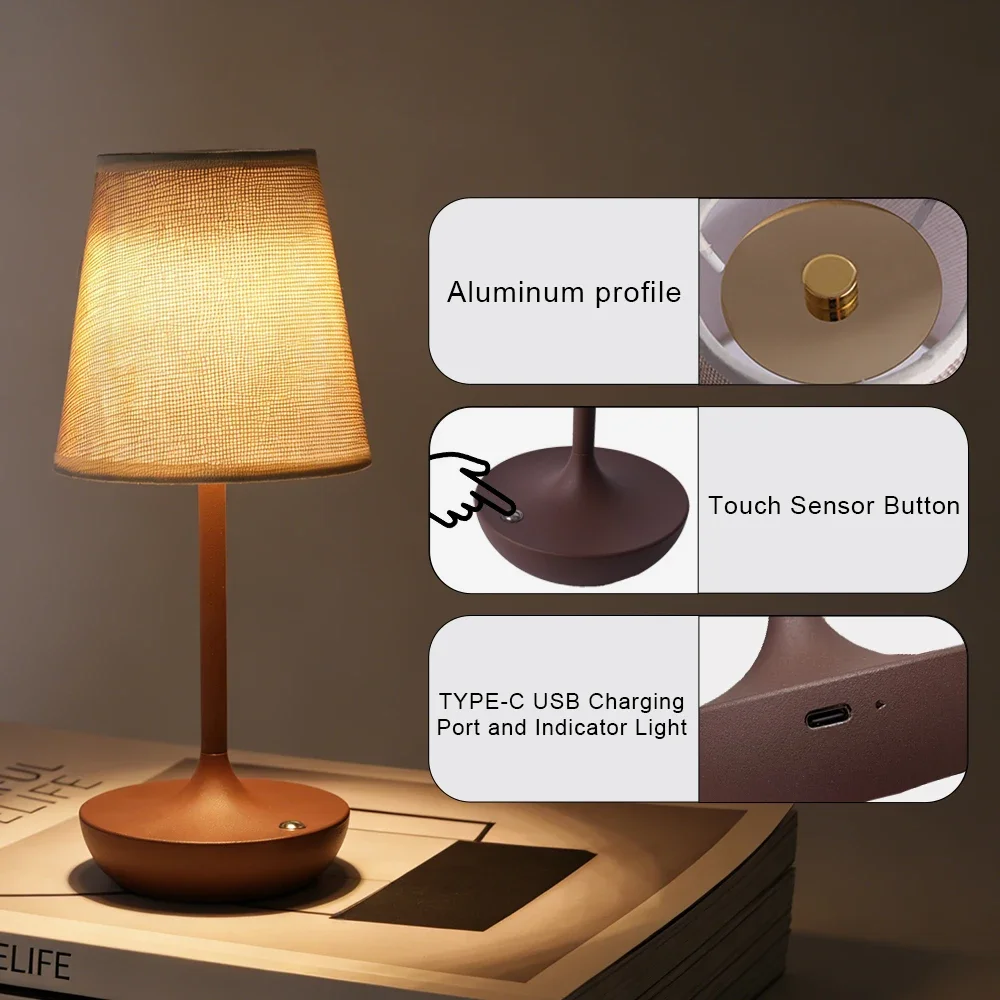Lampu Meja LED Nirkabel dengan Kap Lampu Kain Vintage, Lampu Meja Portabel 2500mAh, Lampu Samping Tempat Tidur untuk Kamar Tidur, Lampu Malam