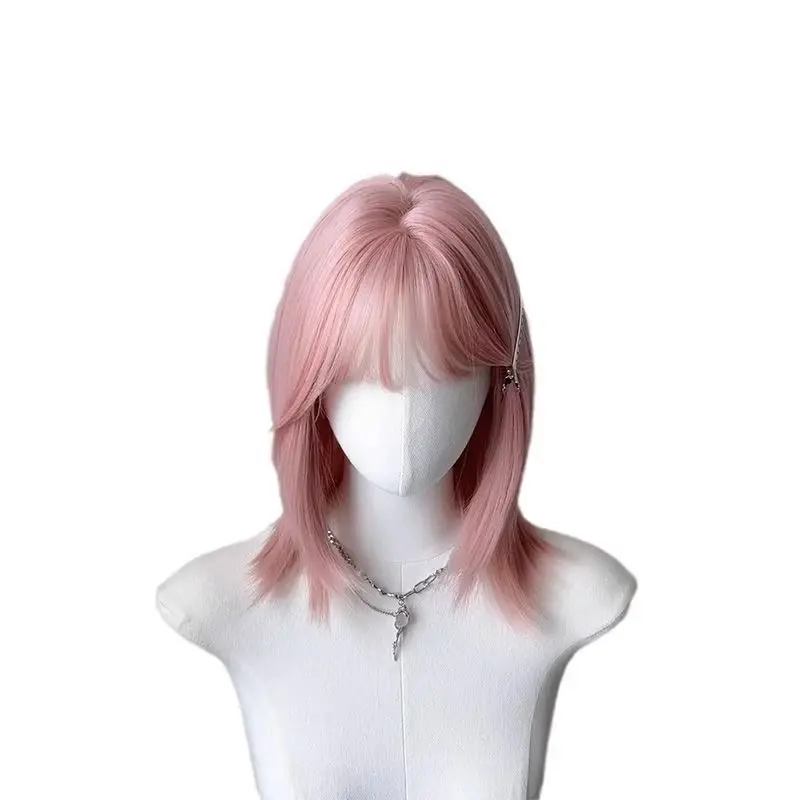 Ashely perruque rose avec frange mignon Jk cheveux courts raides Lolita fille avec épaule longueur perruque de cheveux perruques synthétiques Cosplay pour fille