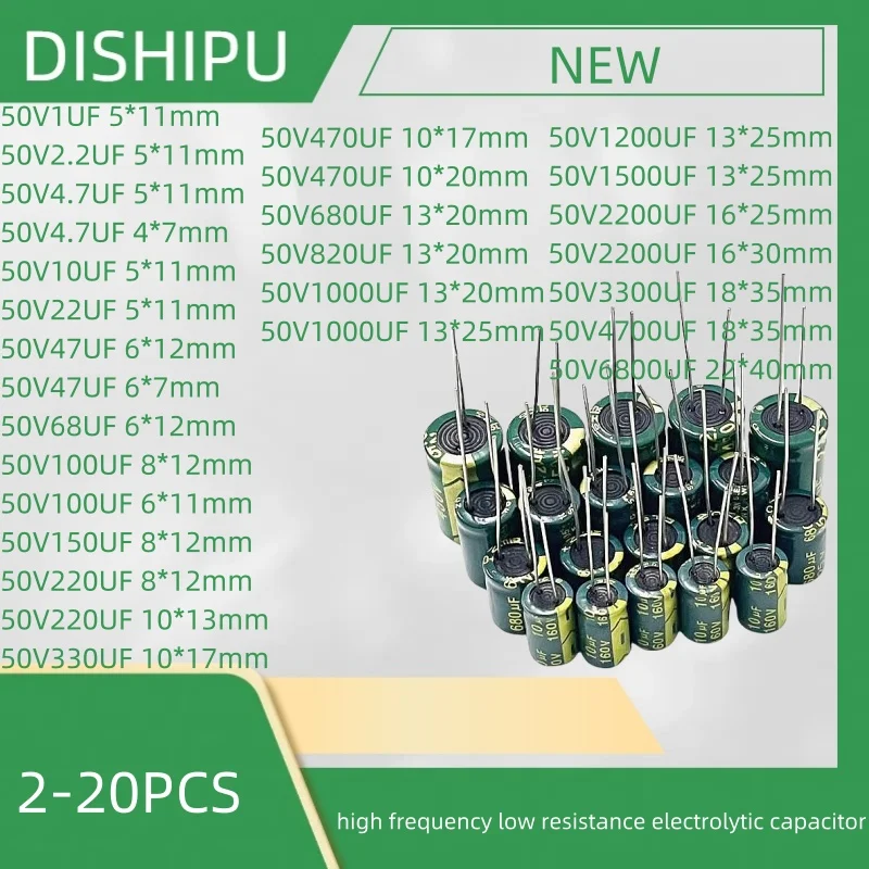 

2-20PCS 50V1UF/2.2/4.7/10UF/22UF/47UF/68UF/150/100UF high frequency low resistance uf electrolytic capacitor