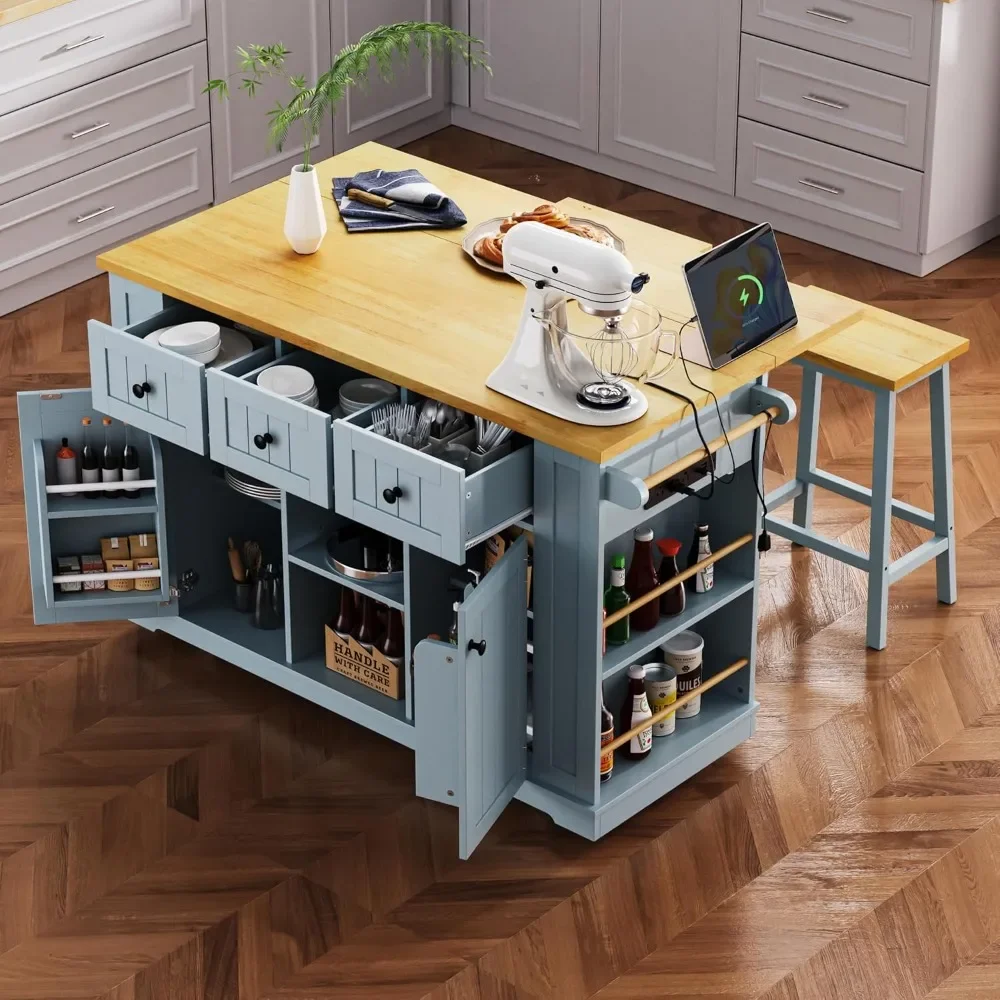 Large Kitchen Island Cart on 5 Wheels with 2 Bar Stools & 3 Drawers - Grey Blue Kitchen Storage with 5 Open Side Racks