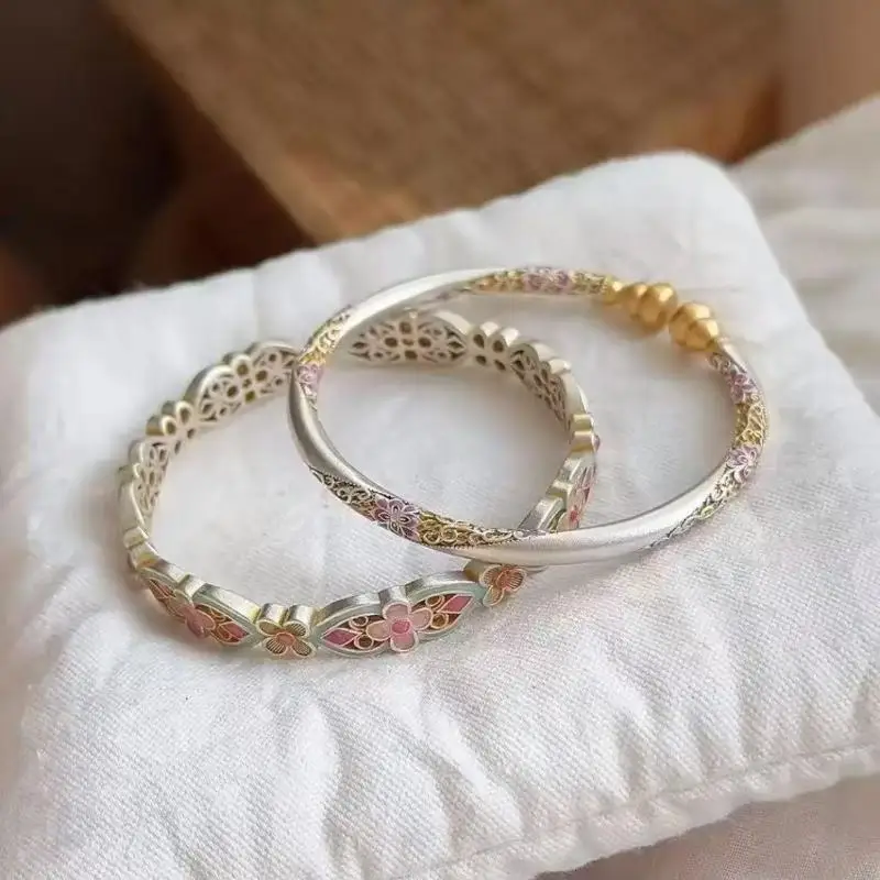 ●New Chinese-style Retro Colored Enamel Bracelets For Women Flower Pattern Traditional Techniques Luxury Jewelry Gift