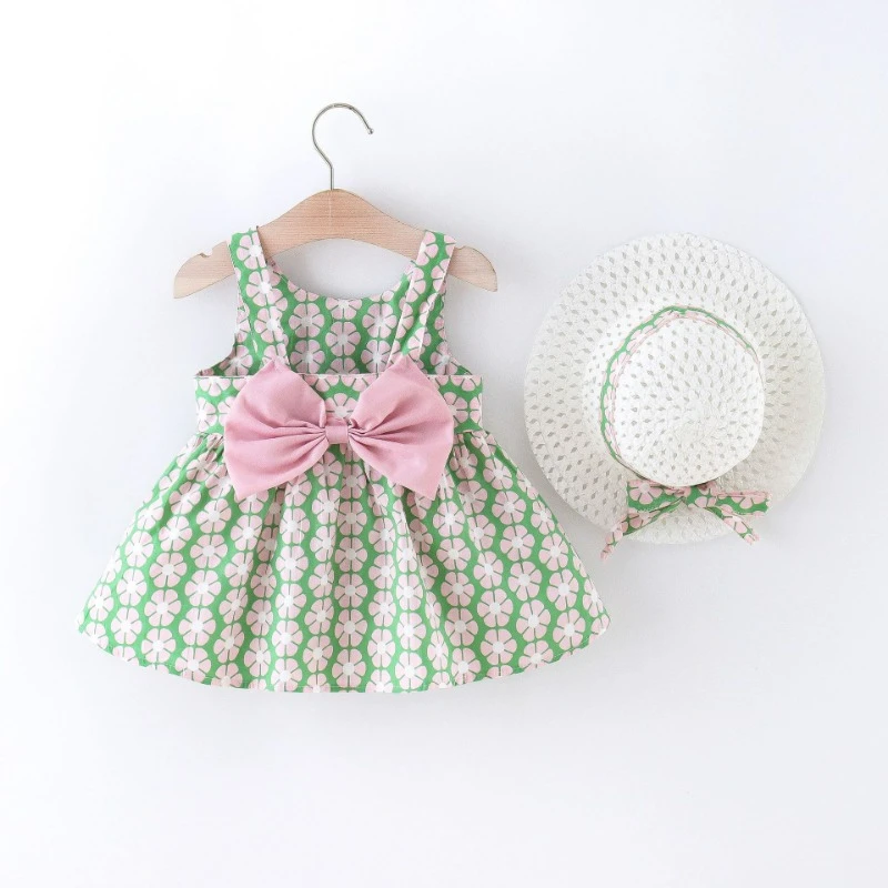 Girls' Dress Summer Foreign Trade Children's Wear New Halter Bow Flowers Full Print Halter Floral Dress To Send Hat