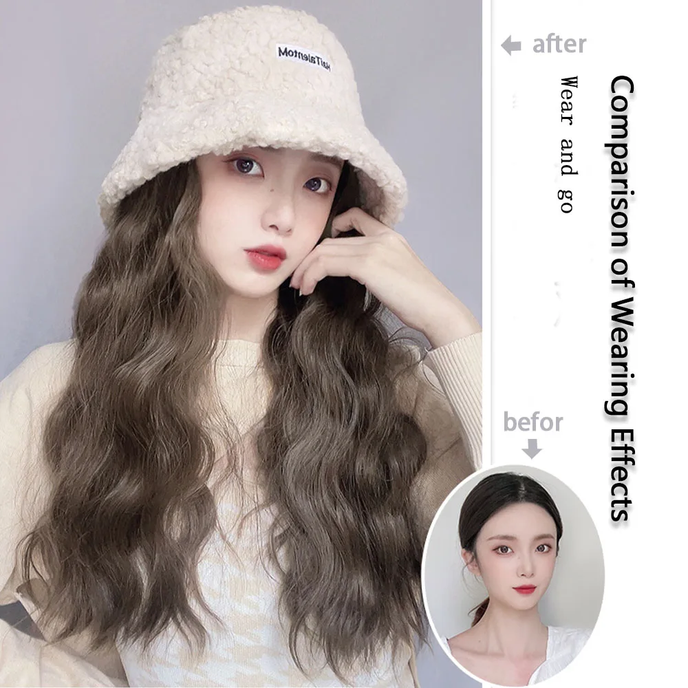 Highlight Color Long Wavy Hair Hat Wig Wear And Go Hat Wigs for Women Winter Warm Lambswool Floppy Cotton Hats with Hair