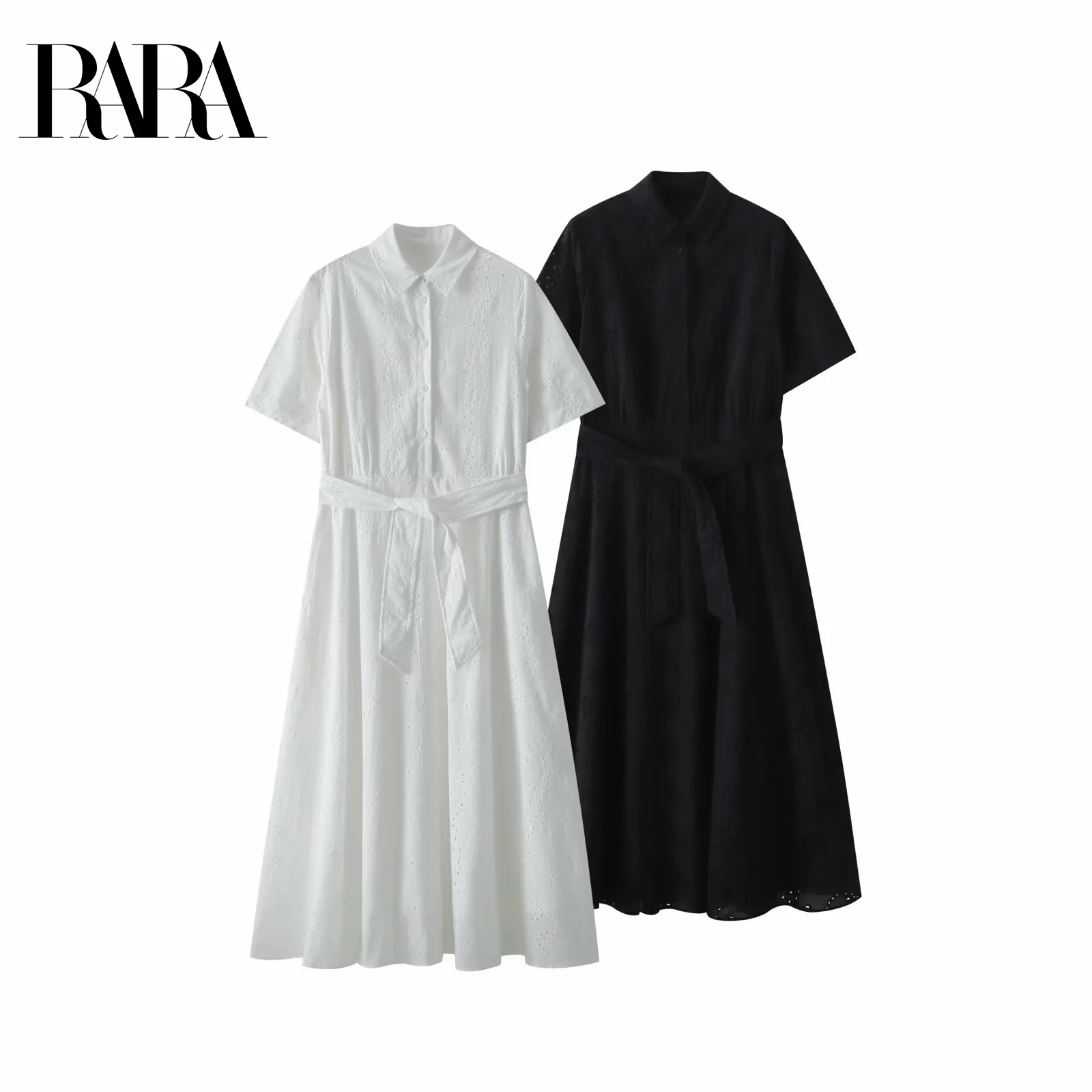 RARA2025 neues Sommer-Damen-Casual-Mode-einfaches, vielseitiges, schlankes, besticktes Hemd-Stil-Revers-Kurzarm-Mittellänge-Kleid