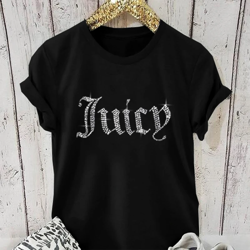 Rhinestone Letter 2000s Print Women Slim Crop Top Gothic Cute Baby Tee Vintage Grunge T-Shirt Y2k Clothes Summer Top Streetwear