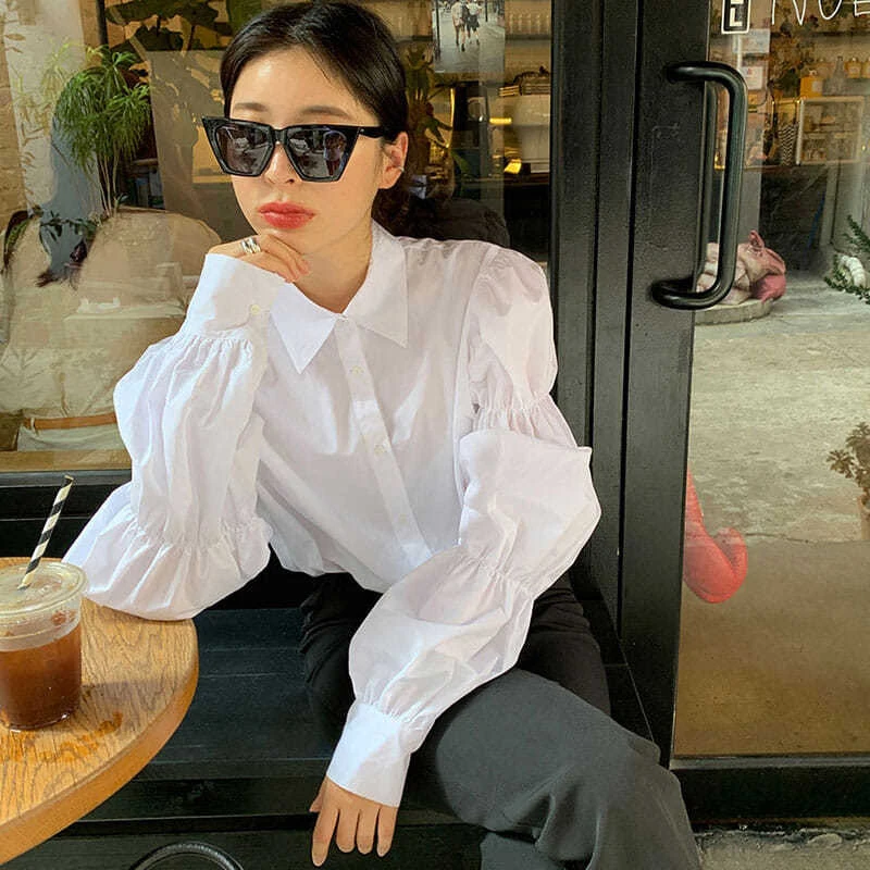 MEXZT Vintage White Shirts Women Puff Sleeve Folds Blouses Korean Streetwear Office Lady Elegant Solid Simple Loose Casual Tops