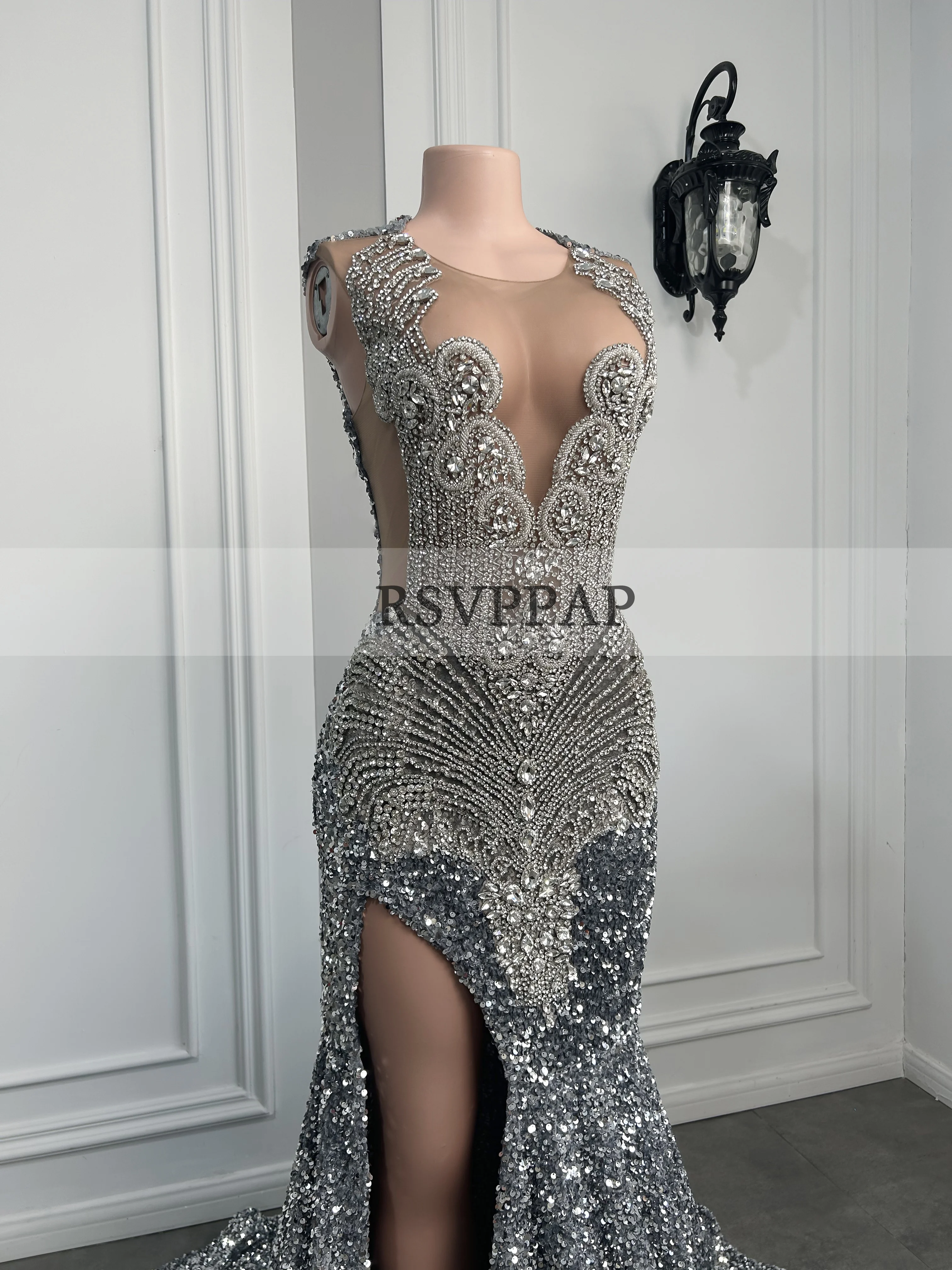 Long Sparkly Prom Dresses 2026 Sexy High Slit Luxury Diamond Silver Sequin Black Girls Mermaid Prom Dress