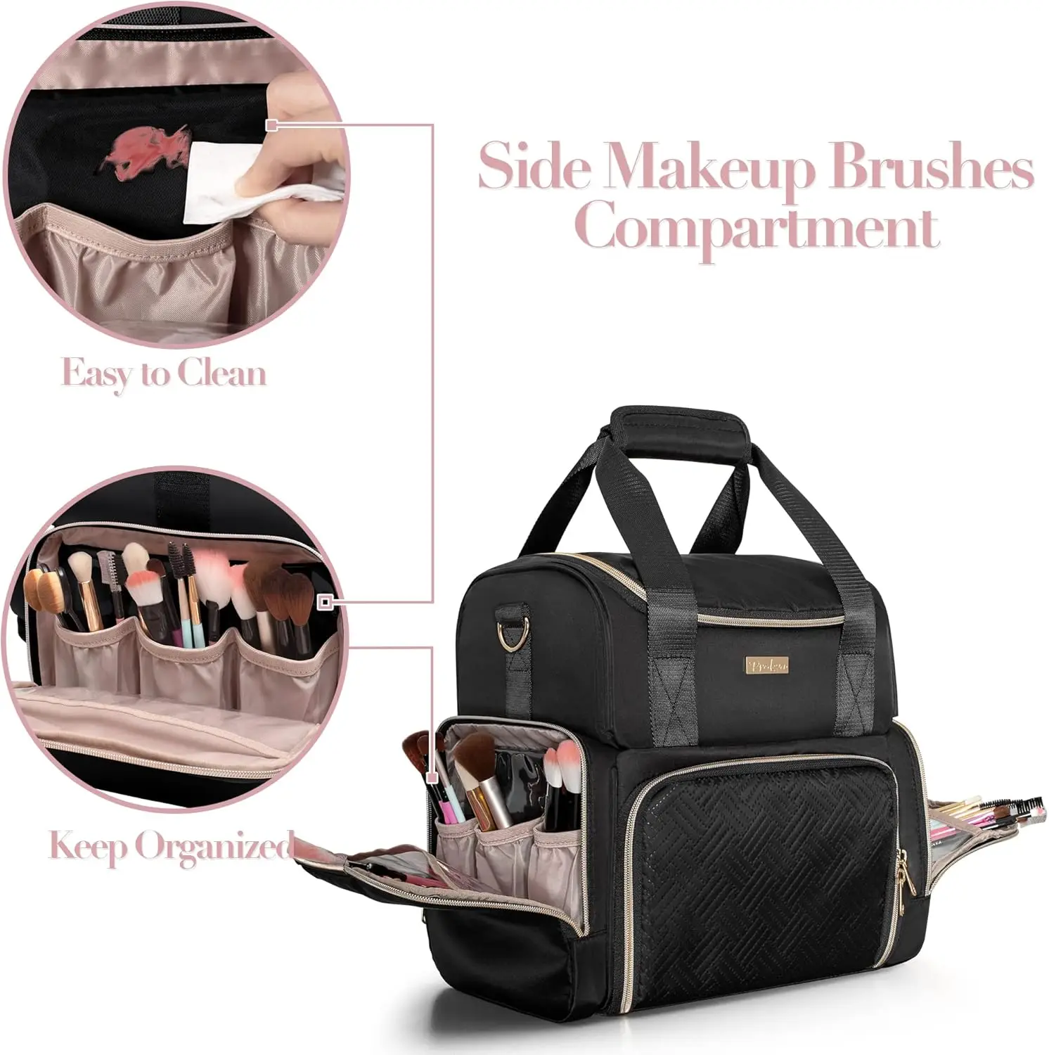 حقيبة مستحضرات تجميل كبيرة للسفر مع 3 حافظات قابلة للإزالة ومنظم بطبقة مزدوجة وتخزين الفرشاة باللون الأسود
