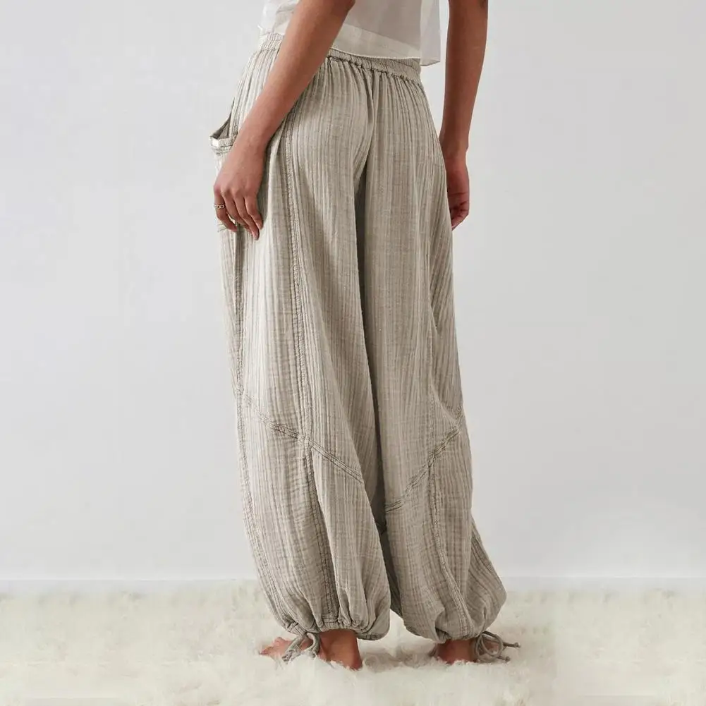 Women Harem Pants Summer Casual Vintage Cotton Linen Pants Elastic Waist Wide Leg Fashion Loose Pockets Female Trousers S-5XL