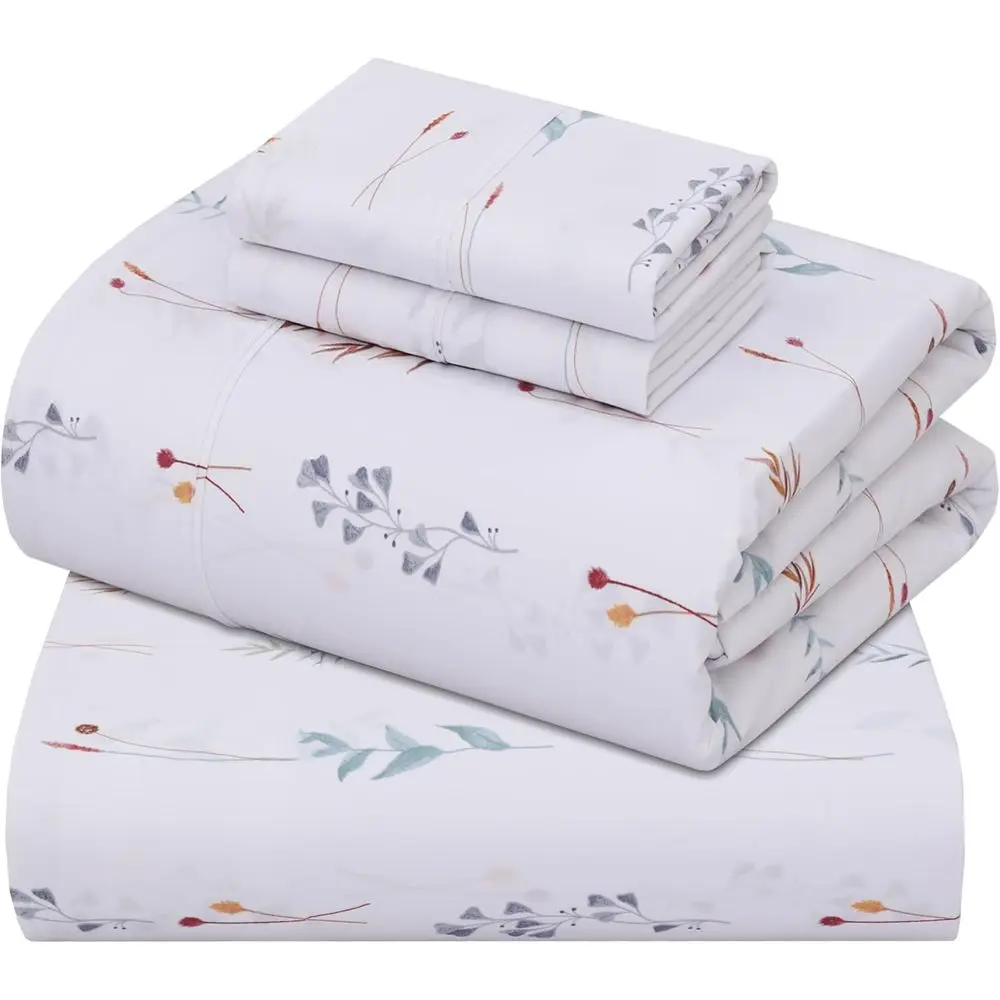 

King Size Cotton Percale Sheets - Cool, Breathable, Durable Bedding Set, 16 Pocket, 4-Piece, Airy Meadow Design