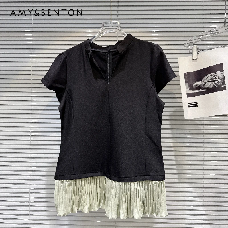 

Women's T-shirt 2026 Summer New Fashion Hot Girls Pleated Green Splicing Hem Medium Long Loose Short-sleeved T-shirts Ladies