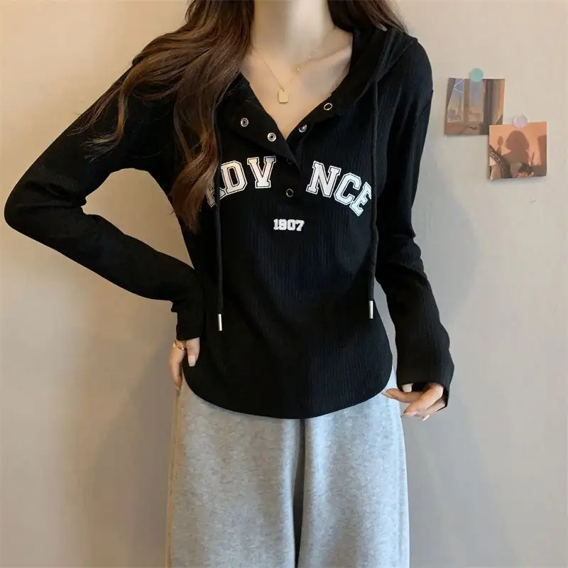 Fashion Long Sleeve Printed Letter Button Hooded T-Shirts Female Clothing 2024 Autumn New Loose Korean Tops Casual Tee Shirt