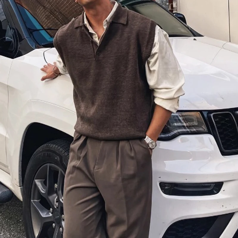 Vintage tricot gilet hommes chandails printemps automne mode couleur unie sans manches tricot débardeurs hommes en plein air pull décontracté hauts