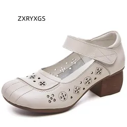 ZXRYXGS Spring Summer High Heels 2025 Top Cowhide Breathable Leather Sandals Fashion Elegant Anti Slip Soft Sole Thick Heel Shoe