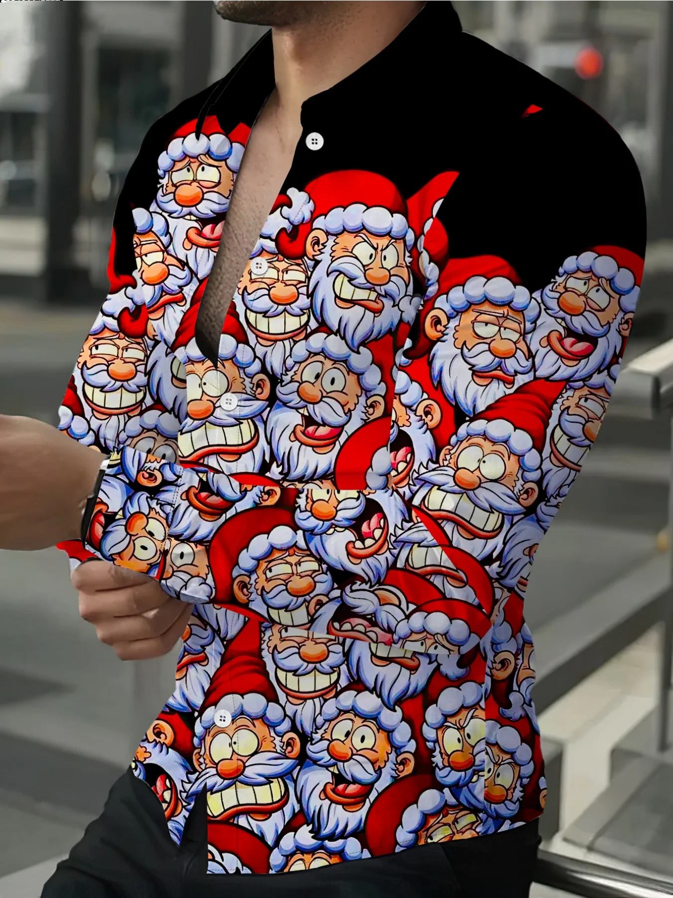 

​ Рождественская коллекция Санта-Клауса, мужская красная рубашка с лацканами, неэластичная одежда с длинными рукавами для машинной стирки, праздничная одежда