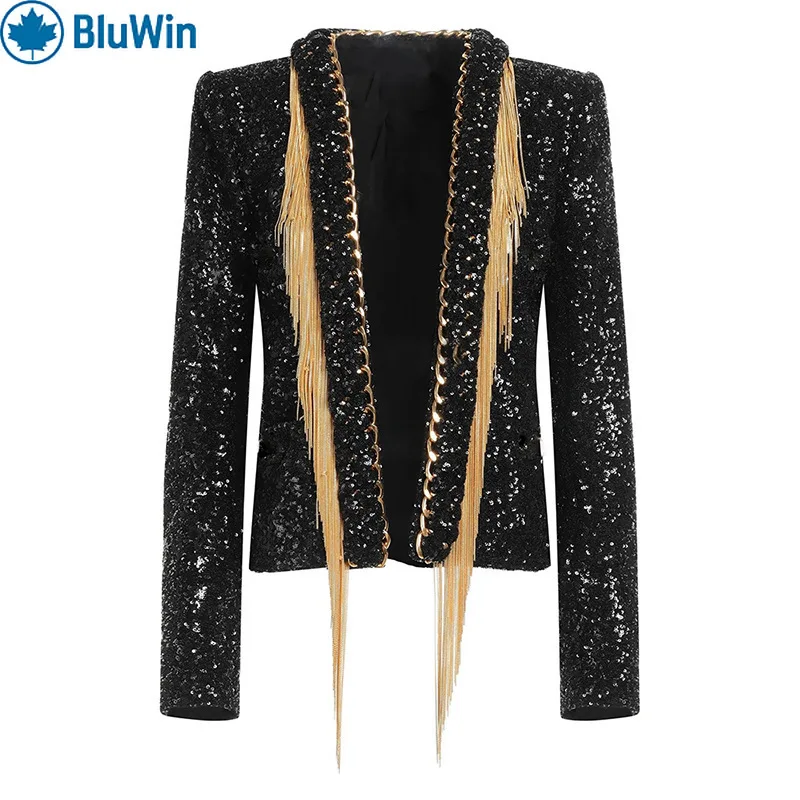 

URBANCHIC Sequin Blazer Women Chain Fringe Trim Shawl Lapel Slim Fit Party Night Out Statement Jacket