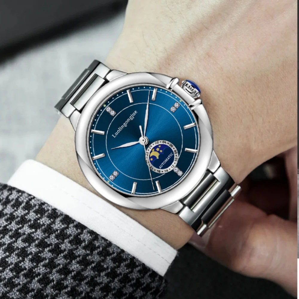 

Минимально роскошные мужские часы с синим циферблатом и бриллиантами, фаза Луны, стальная полоса, полностью автоматические механические спортивные водонепроницаемые мужские часы
