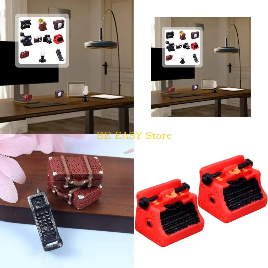 E28F 2Pcs Miniature Home Appliances Retro Furniture Simulated Resin Camera Telephone Figurines Models Ornaments for Dioramas