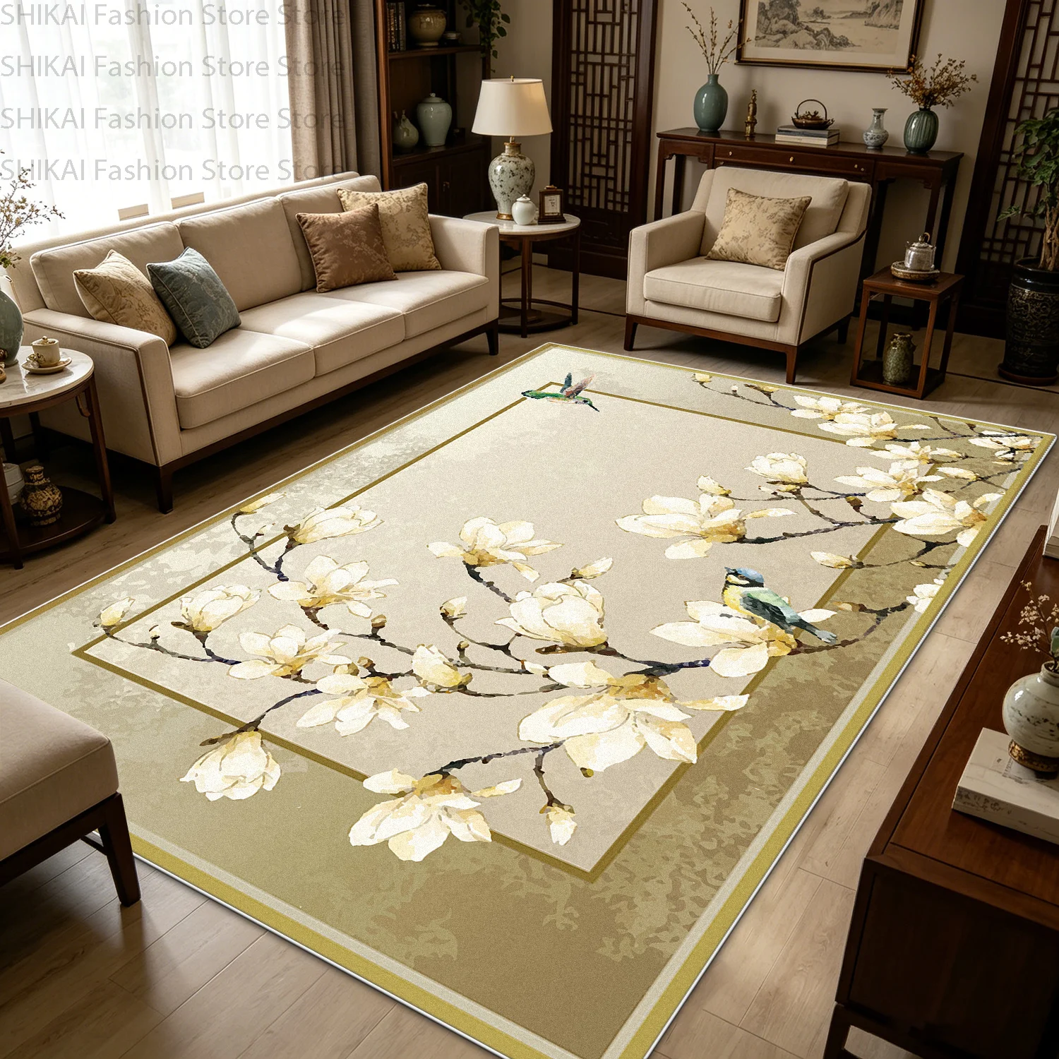 New Chinese Style Bird Flower Ink Wash Painting Living Room Carpet Antiskid Soft Foldable Garden Rug Fluffy Washable Patio Mat