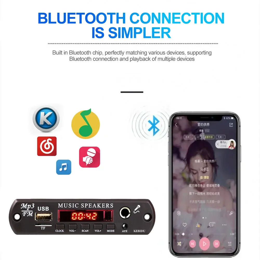 60 واط MP3 فك مجلس بلوتوث 5.0 مشغل MP3 12-20 فولت اللاسلكية مشغل MP3 ساعة العالم ميكروفون TF AUX راديو FM لمكبر الصوت