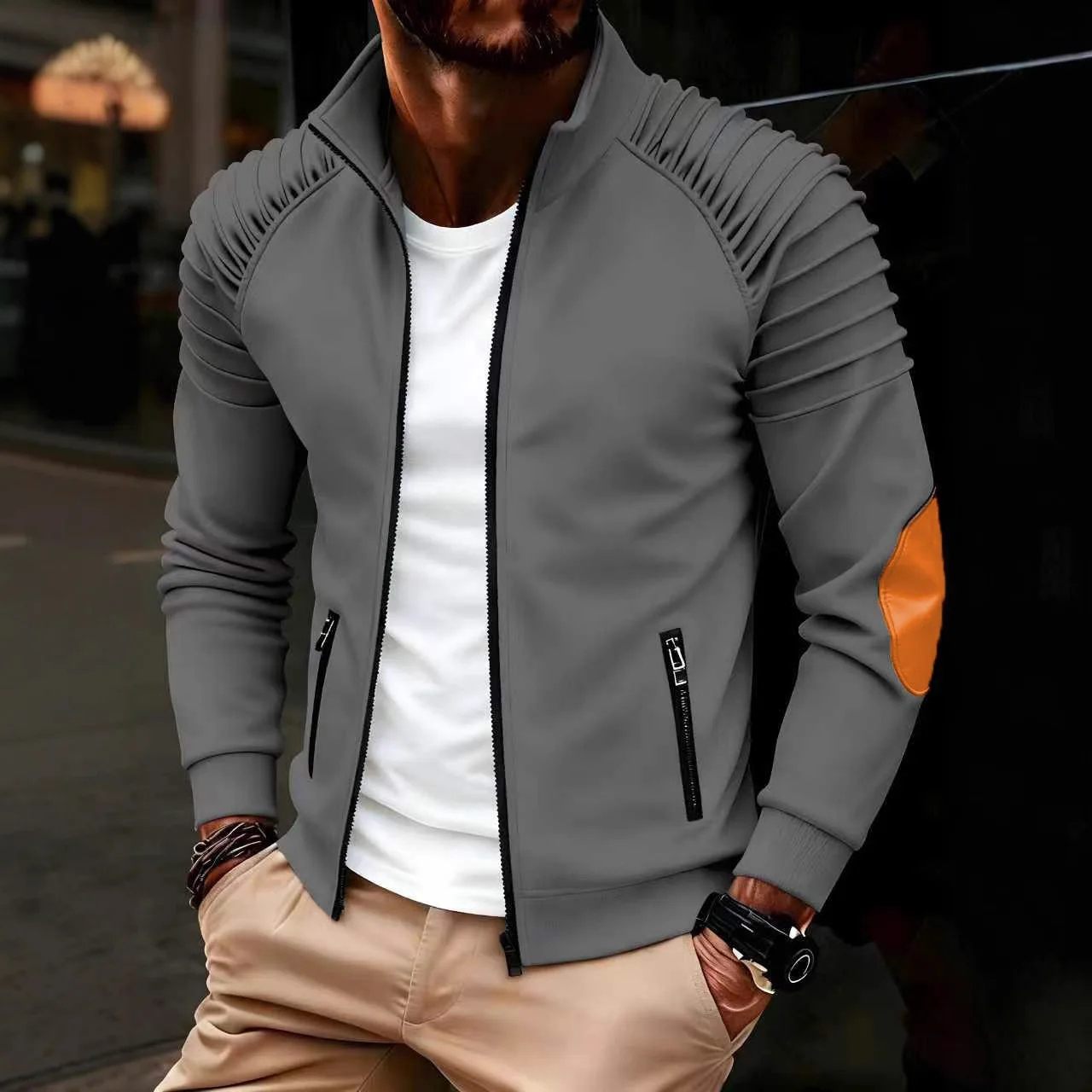 

Men's Arm Pleated Design Jacket, Daily Casual Sports Zip-up Pocket Cardigan
