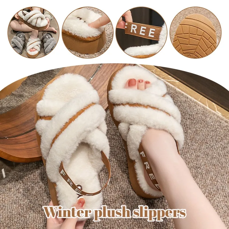 Women Slippers Fuzzy Cross Band Winter Shoes Warm Plush Thick Sole Open Toe Slippers Double Straps Slipper Soft Sole Non Slip