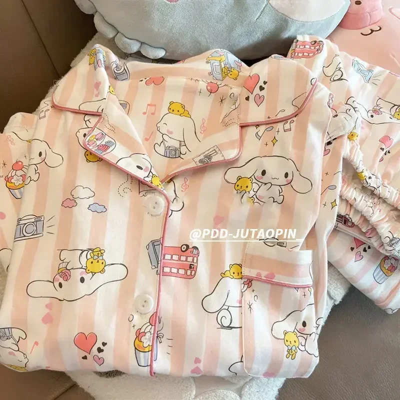 Sanrio Pajamas Kawaii Cinnamoroll Anime Cartoon Cute Long Sleeve Pants Household Summer Girl Heart Clothes Suit Birthday Gift