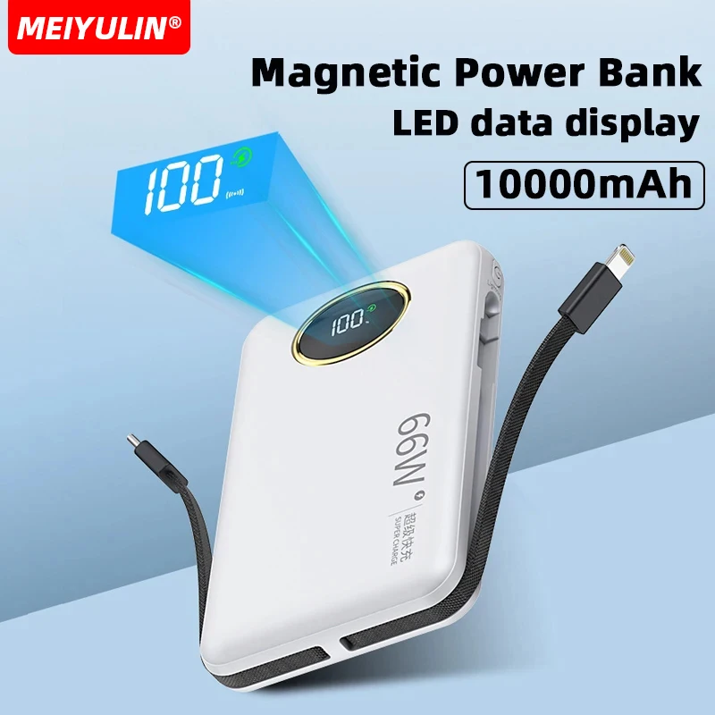 10000mAh Portable Magnetic Power Bank Wireless Fast Charging External Spare Battery USB C Cable Charger For IPhone 15 14 Samsung