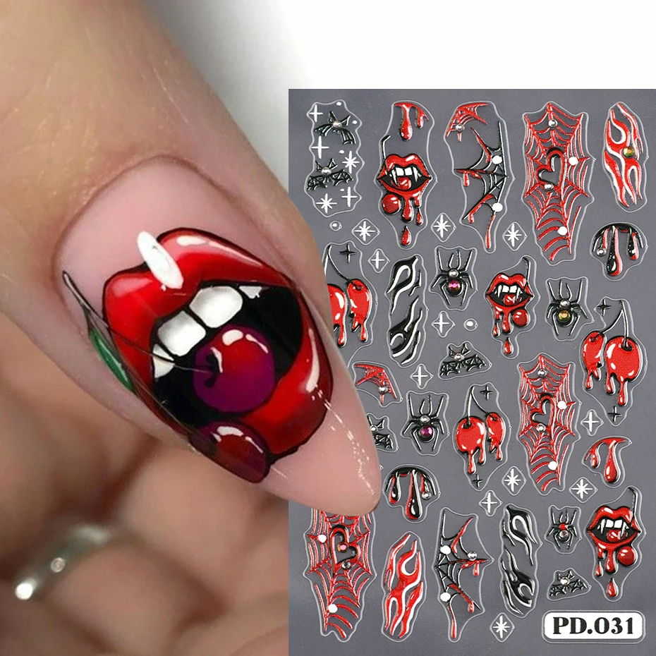 2 pcs 5D Embossed Horror Mouth Lips Red Spiders Nail Stickers Halloween Y2K Spider Web Bleeding Blood Flame Nail Decals view 2
