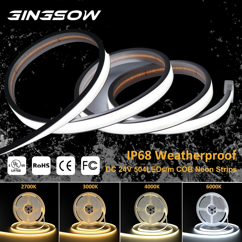 Gingsow 24V 5M Cob Led Strip IP68 Waterproof 504LEDs/M Warm To Cool Flexible Lights RA90 High Density For Home Outdoor Decor