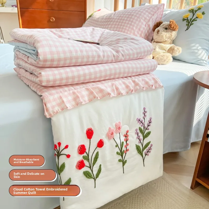 

Легкое летнее одеяло из облачного хлопка с вышивкой, комплект из четырех предметов, моющееся, для студенческого общежития, односпальное и двуспальное, легкое одеяло
