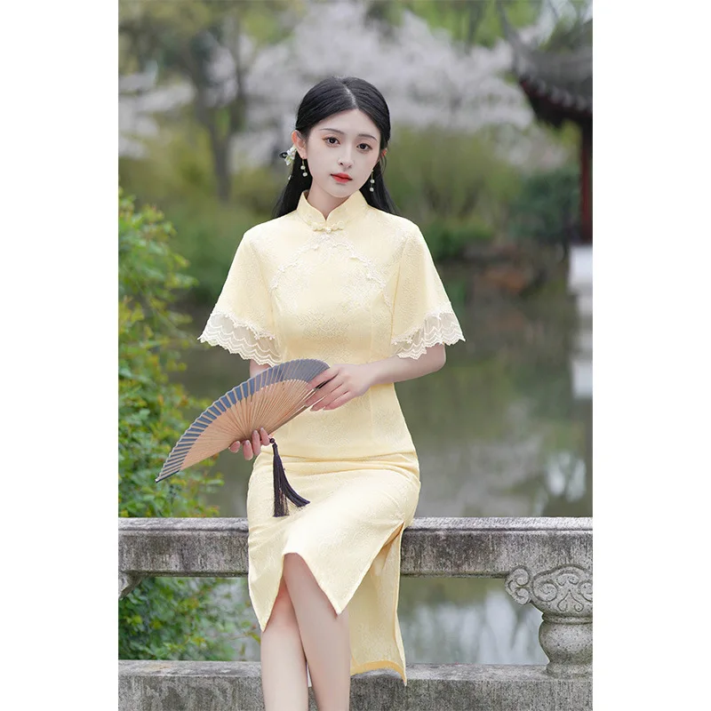 Spring Lace Trim Flare Sleeve Chiffon Mid-Length Qipao Chinese Women Mandarin Collar Cheongsam Elegant Daily Dress