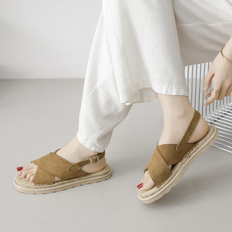 

New Retro Suede Cross Band Slingback Sandals Ladies Straw Woven Platform Flat Sandal Daily Walking Vacation Shoes