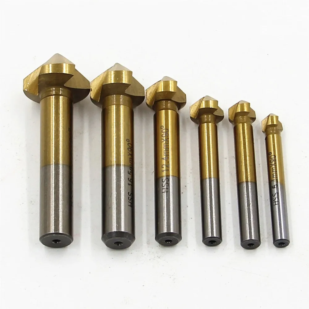 6Pcs 6.3-20.5mm Chamfering End Mill Cutter 3 Flute Round shank 90 Degree HSS Countersink Deburring Tapered Drill Bit