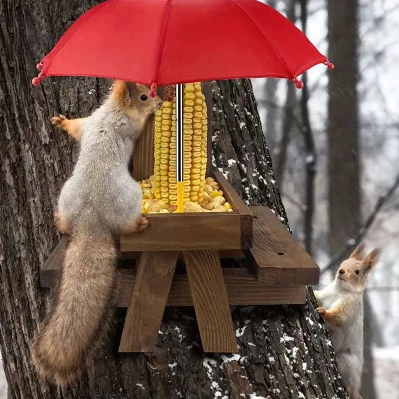 Wooden Squirrel Feeder Bird Pet Dining Table Bench Hanging Feeding Table Mini Umbrella Ornaments