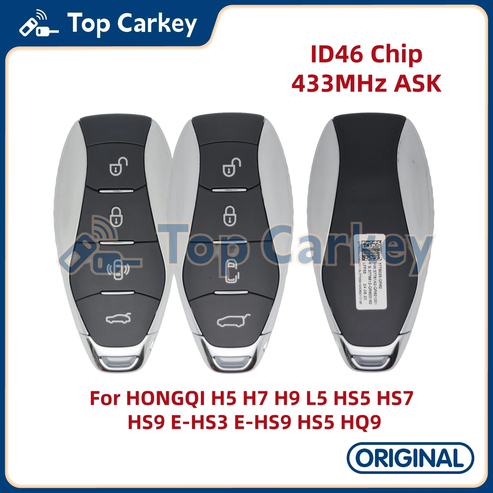 

TopCarkey Original Smart Remote Key ID46 Chip 433MHz for HONGQI H5 H7 H9 L5 HS5 HS7 HS9 HQ9