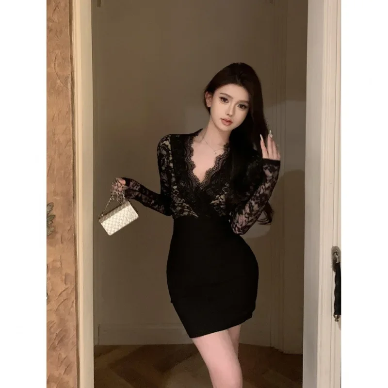 High-Waisted Slimming Mini Dress Sexy Elegant Lace Splicing Long Sleeve Smooth Your Silhouette Mini Dress Realistic Price Tag