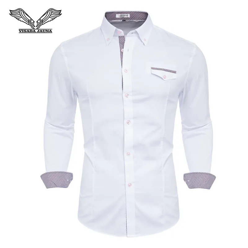 VISADA JAUNA 2019 Men's Plaid Panel Soild Color Business Male Fashion Lapel Casual Long Sleeve Shirt Big Size S-3XL TLH76