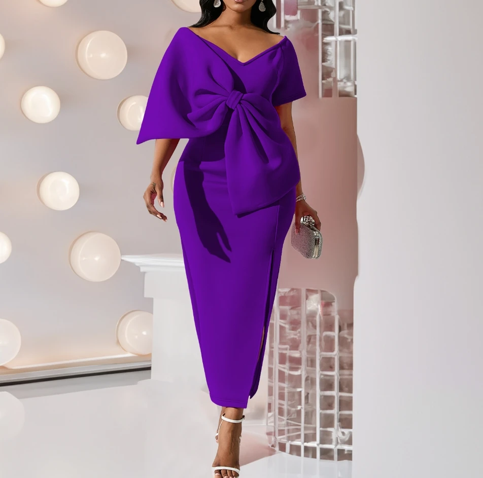 Nuova moda 2024 estate Casual eleganti abiti da sera da sera per le donne Sexy grande fiocco diviso vestito avvolto gonna dell'anca