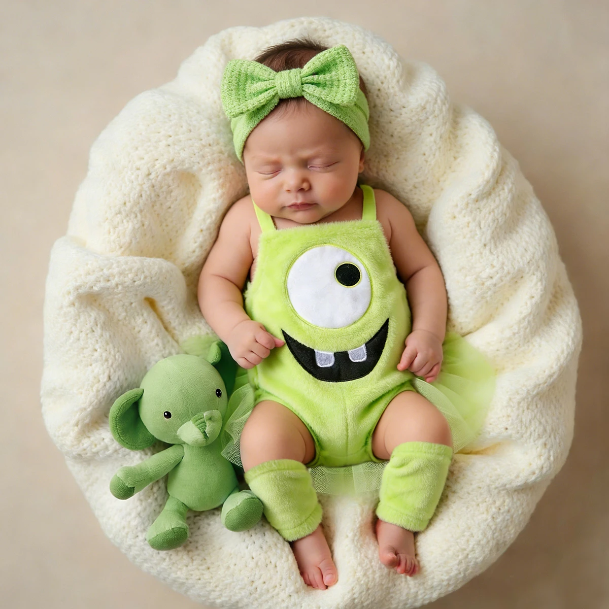 2Pcs Big Eye Mouth Newborn Photo Shoot Costume Green Cute Baby Boy Romper for Photo Shooting Infant Funny Photography Outfits