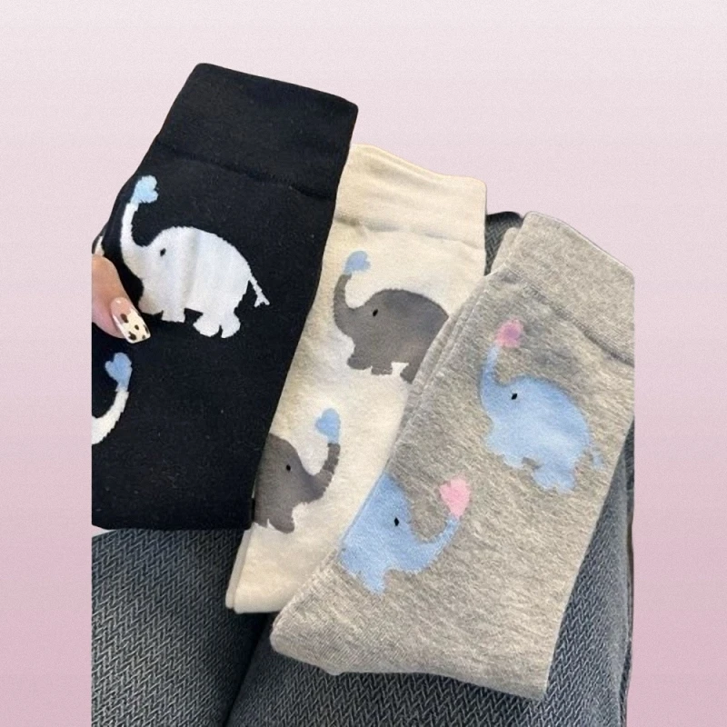 Cute Elephant Tube Socks para homens e mulheres, preto e branco, na moda, desenhos animados, pilha, meninas, alta qualidade, 3, 6 pares