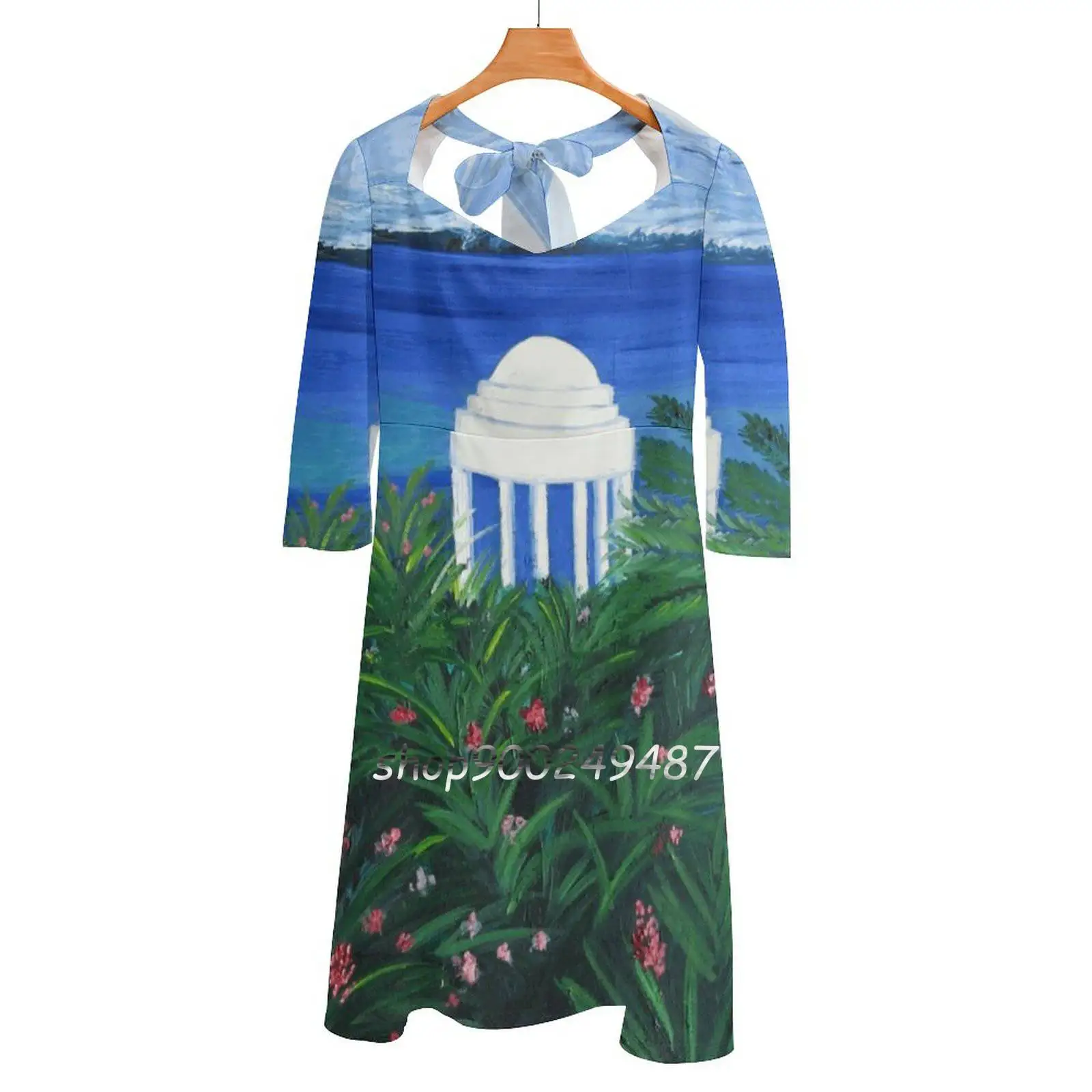 Greek Temple Sweet Elegant Dress Women Korean Kawaii Square Collar Dress Ocean Beach Blue Feta Cheese Islands Melons Enjoyment