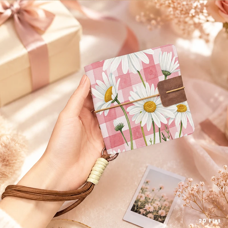 40 Pages Square Photo Storage Album Holds 80 Photos, Pink Grid Daisy Floral Pattern PU Bound Mini Album Fits 3 Inch Travel Snaps