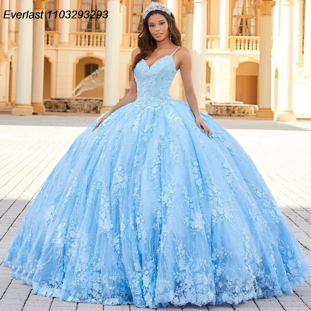 EVLAST-Robe princesse Quinceanera bleu ciel, robe de Rh, appliques en dentelle, perles spaghetti, Mexique, Sweet 16, TQD334