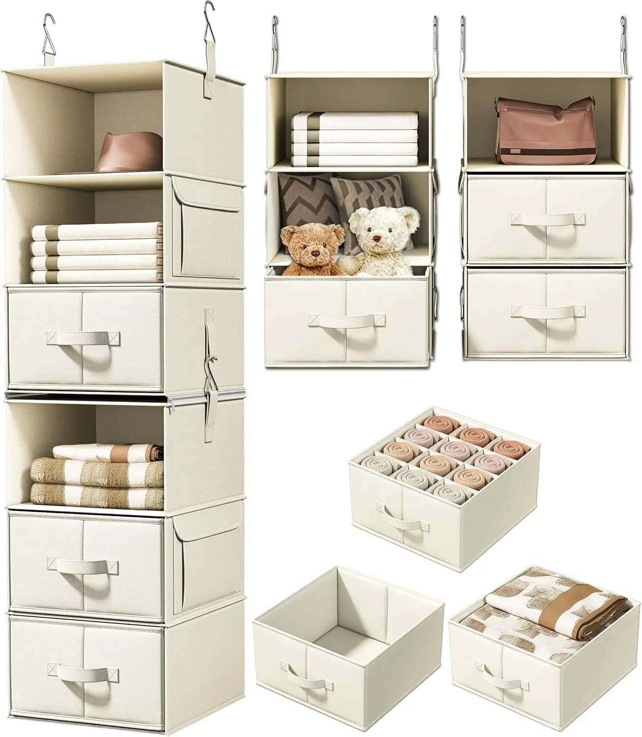 

6-Shelf Hanging Closet Organizer with 3 Drawers, 2 Detachable 3-Shelf Units, Beige