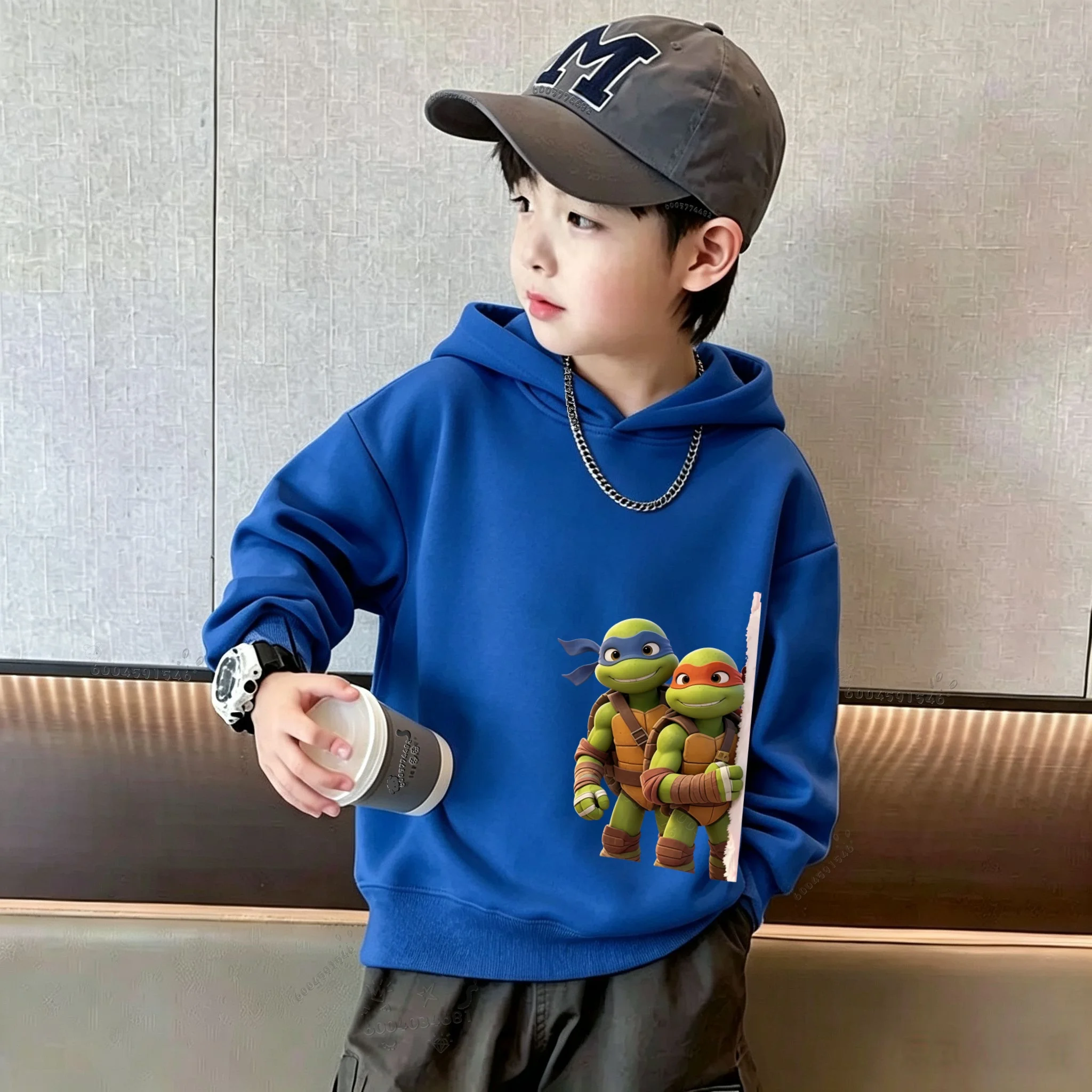 NICKELODEON Autumn/Winter New Children's Hooded Sweatshirt - Cool Ninja Turtles Fun Print Large Size Loose Hooded Top for Boys