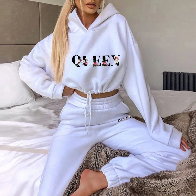 QUEEN Letter Printing Autumn Womens Outfits Short Tops Long Sleeves Hooded Sweatshirt 2 Piece Set Casual Jogging Sweatpants Suit