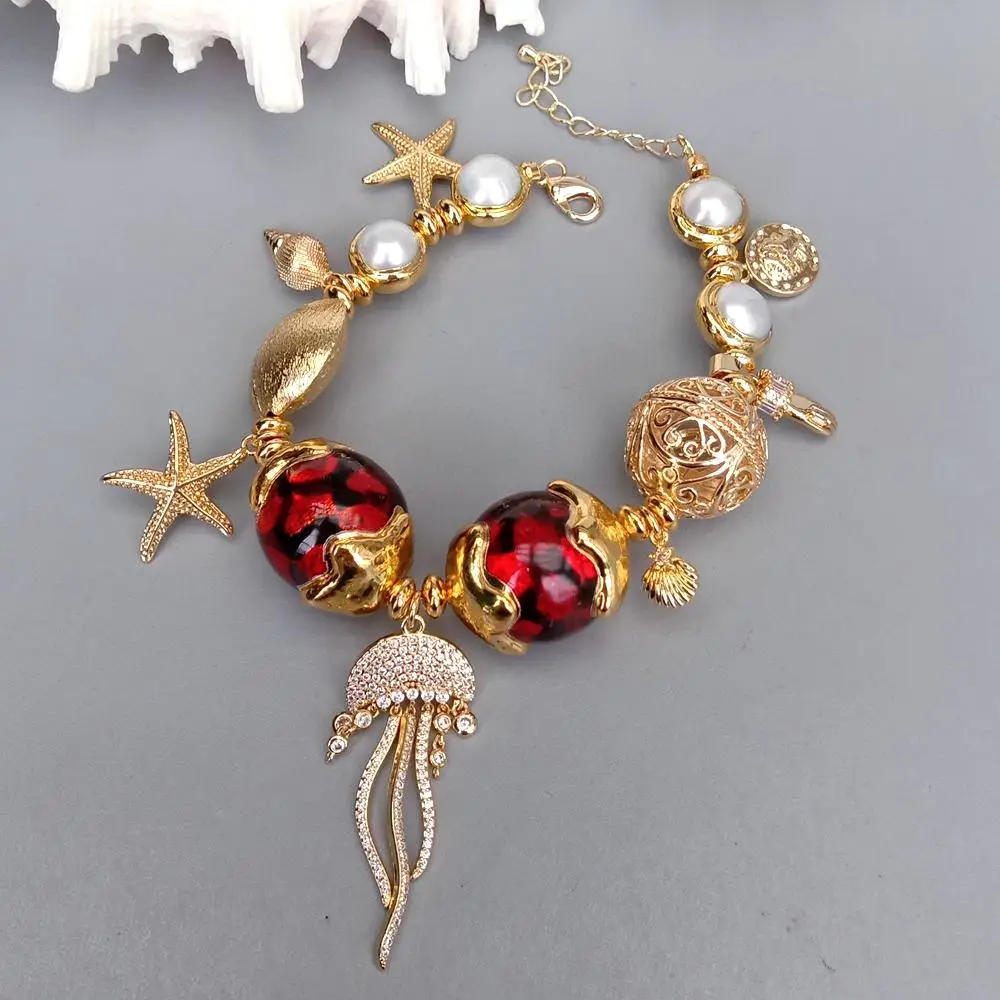 Y·YING Red Murano Glass White Pearl Gold Plated Charm Beaded Bracelet